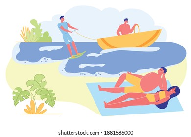 Una pareja feliz descansando en la playa de arena o en la costa disfrutando de las vacaciones de verano. Actividad De Diversión Al Agua. Amor, Relaciones, Amistad. Caracteres de pares pasan tiempo en la ilustración de vectores planos de Sea Coast Resort