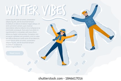 Happy couple makes snow angels. Winter vibes. Vector flat landing page or banner.