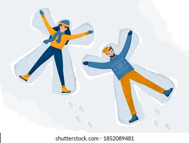 Happy couple makes snow angels. Man and a woman are lying on the ground. Vector flat banner.