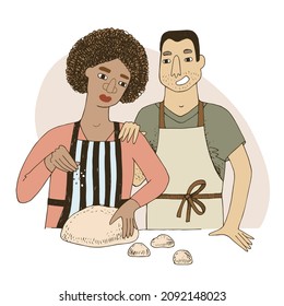 Happy couple making buns in kitchen