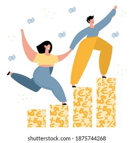 Happy Couple Making Money, Reach Financial Success And Independence. Personal Finance, Capital, Financial Goals, Financial And Business Growth Concepts. Family Of Woman And Man Climbing On Money Graph