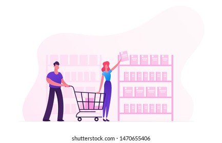 Happy Couple Making Purchases in Store Woman Taking Products from Shop Shelf Man Pushing Shopping Cart. Family Buying Food on Weekend. People Visiting Supermarket Cartoon Flat Vector Illustration