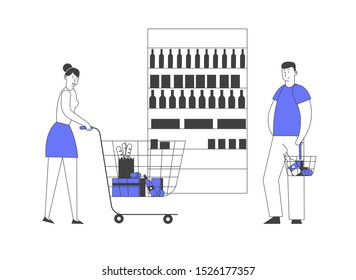 Happy Couple Making Purchases in Store. Woman with Shopping Trolley Man Hold Basket Stand at Products Shelf, Family Buy Food on Weekend Visiting Supermarket. Cartoon Flat Vector Illustration, Line Art