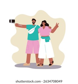 Happy couple making selfie photo in summer travel. Summer vacations. Flat style vector illustration