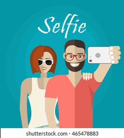 Happy couple making selfie, romantic mood. Stylish sunglasses. Happy laughing emotional faces. Modern flat design