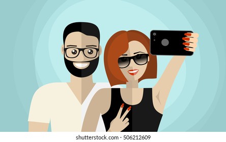 Happy couple making selfie, romantic mood. Stylish sunglasses. Happy laughing emotional faces. Modern flat design