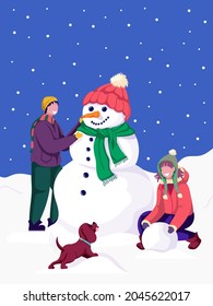 Fröhliches Paar, das einen Schneemann macht und mit einem Welpen spielt. Wintersportarten im Freien. Weihnachtsferien. Farbige Vektorgrafik. Cartoon-Stil. 