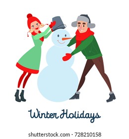 Happy Couple Making Snowman. Winter Vacation. Christmas Time. Vector illustration