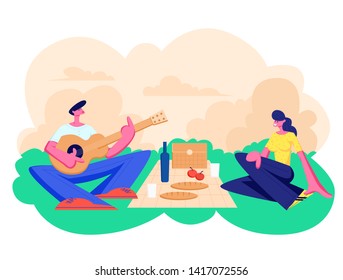 Happy Couple of Male and Female Characters Dating Outdoors on Picnic. Declaration of Love, Young Man Playing Guitar, Singing Song to Girl, Romantic Relations, Meeting Cartoon Flat Vector Illustration