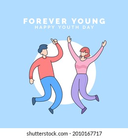 happy couple man and girl jump pose celebrate happy youth day forever young event cartoon style vector illustration