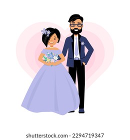 Happy couple with man groom and woman bride in wedding dress on background of heart. Women short asymmetric haircut and black hair. Beard and men's glasses. For an invitation
