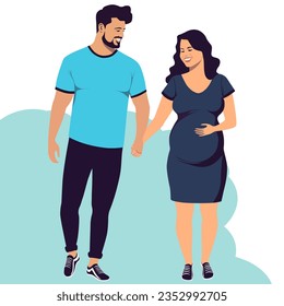 A happy couple, a man and a pregnant woman are walking and holding each other's hands
