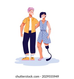 Happy couple of man and woman with disability - cartoon girl with artificial prosthetic leg walking with healthy guy and smiling. Flat isolated vector illustration.