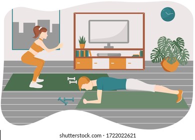 Happy couple man and woman do exercises together at home in living room. Stylish interior. Sport at home on yoga mat with dumbbells. Stay home. Partners workout. Flat vector illustration.