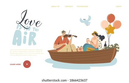 Happy Couple Man and Woman Floating Boat Landing Page Template. Male Character Playing Violin, Female Drinking Tea. Summertime Vacation, Loving People Sparetime, Valentine. Linear Vector Illustration