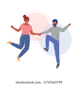 Happy Couple, Man and Woman Happily Jumping Holding Hands Vector Illustration