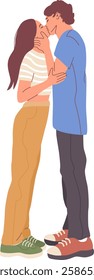 Happy couple. Man and woman hugging each other, expressing love, affection, support. Full height illustration of people, pastel color.