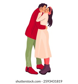 Happy couple. Man and woman kissing each other, expressing love, affection, tenderness. Full height illustration of people, bright colors.