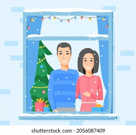 Happy couple, man, woman, look out of window decorated with lamp garland. Christmas tree and gifts. Winter holidays illustration. Vector in flat style