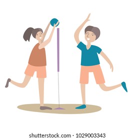 Happy couple, man and woman play volleyball. Vector illustration, isolated on white background.