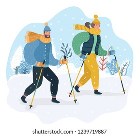 Happy couple of man and woman are practicing Nordic walking in the snow. Scandinavian walking in winter cold weather. Vector cartoon illustration in modern concept