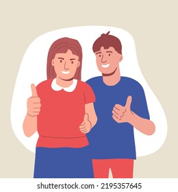 Happy couple man and woman raise their thumbs up. A gesture of approval. Positive emotion of the person. all OK. flat vector.