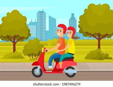 Happy couple man and woman riding scooter on road in city park. People drive red moped on street. Man motorcycle driver. Hipster on bike life in motion lifestyle. Happy smiling friends outdoors