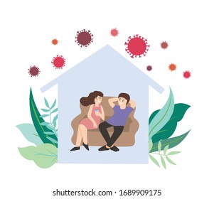 Happy couple of man and woman sitting in house in leaves, virus around. Stay home, relax and enjoy vector illustration. Family quarantine, self isolation in covid-19 pandemic, coronavirus epidemic