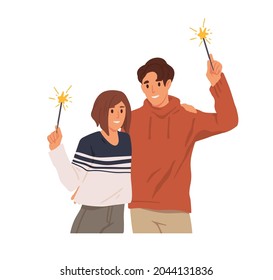 Happy couple of man and woman with sparklers in hands, celebrate Christmas holiday. People holding festive fireworks, glowing lights with sparks. Flat vector illustration isolated on white background