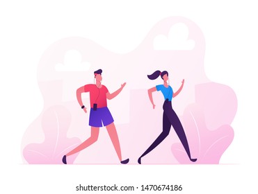 Happy Couple Man and Woman in Sports Wear Running City Marathon on Nature Landscape Background. Summertime Outdoor Sport Activity. Jogging and Sport Healthy Lifestyle. Cartoon Flat Vector Illustration