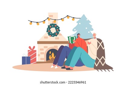 Happy Couple Man and Woman in Warm Cozy Sweaters and Plaid Sitting at Room with Fireplace Exchange Gifts for Christmas Holidays, Young Family Xmas Spare Time at Home. Cartoon Vector Illustration