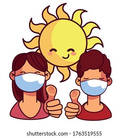 pareja feliz con máscara en el diseño de ilustración vectorial de día