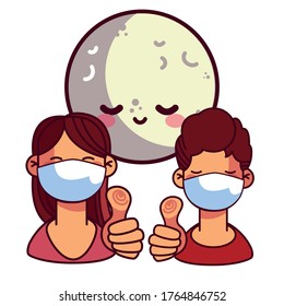 happy couple with mask in the night vector illustration desing
