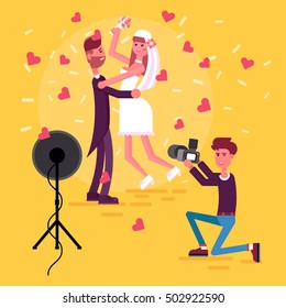 Happy couple in the middle of the circle of photo light. Illustration of just married girl and man. Bride and groom in the love hearts and confetti. Professional photographer make a picture. 