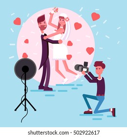 Happy couple in the middle of the circle of photo light. Illustration of just married girl and man. Bride and groom in the love hearts and confetti. Professional photographer make a picture. 