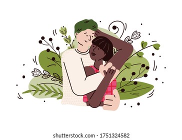 Happy couple of mixed race hugging and smiling at each other - cute man and woman hug isolated on white background with green summer leaves. Flat vector illustration.
