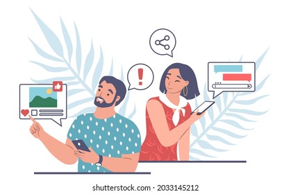 Happy couple with mobile phones and sms, chat bubbles, flat vector illustration. Man and woman chatting online, texting messages. Online communication.