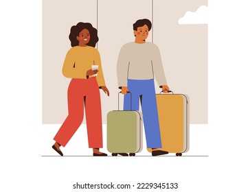 Happy couple move with luggage at the airport. Man and woman with suitcases go to the waiting hall. Young family going to travel on summer holiday. Vector illustration