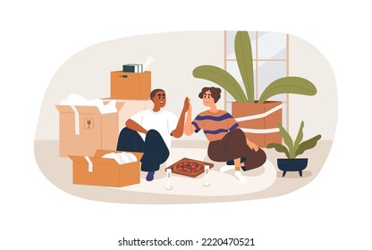 Happy couple moved to new home. Family, man and woman on floor, celebrating relocation to house, apartment among cardboard boxes with belongings. Flat vector illustration isolated on white background