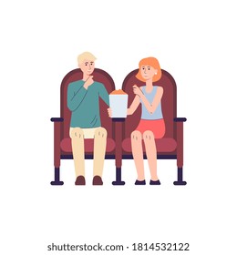 Happy couple in movie theater watching cinema sitting on red seats and eating popcorn isolated on white background. Cartoon man and woman on date - flat vector illustration.