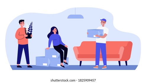 Happy couple moving into new apartment. Stack of boxes, loader, interior flat vector illustration. New home, property buying, relocation concept for banner, website design or landing web page