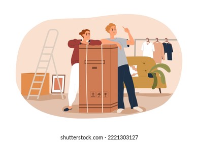 Happy couple moving to new home. Family during movement to house. Man and woman with cardboard box, property in apartment after relocation. Flat vector illustration isolated on white background