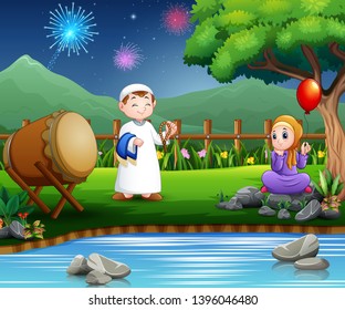 Happy couple muslim celebrate ramadan in the nature