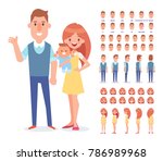 Happy couple with newborn baby. Happy family together. Mom, dad and kid. Front, side, back, 3/4 view animated characters. Face emotions set. Vector illustration in a flat style.