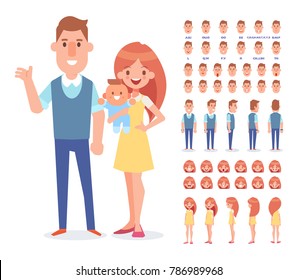 Happy couple with newborn baby. Happy family together. Mom, dad and kid. Front, side, back, 3/4 view animated characters. Face emotions set. Vector illustration in a flat style.