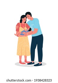 Happy couple with newborn baby flat color vector detailed characters. Smiling father and mother hold infant. Young family isolated cartoon illustration for web graphic design and animation