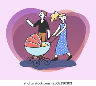 Happy couple with newborn baby in pram flat vector illustration. Man and woman walking with baby. Family, parenthood concept