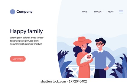 Happy couple with newborn child on vacation. Young family with baby standing together and smiling flat vector illustration. Family on vacation concept for banner, website design or landing web page