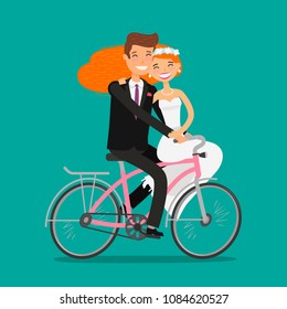 Happy couple or newlyweds. Bride and groom ride bicycle. Wedding, vector illustration