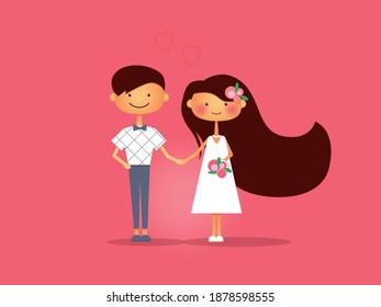 
happy couple of newlyweds in love hold hands - vector illustration of a guy and a girl in a wedding dress and a bouquet - wedding card greeting in red